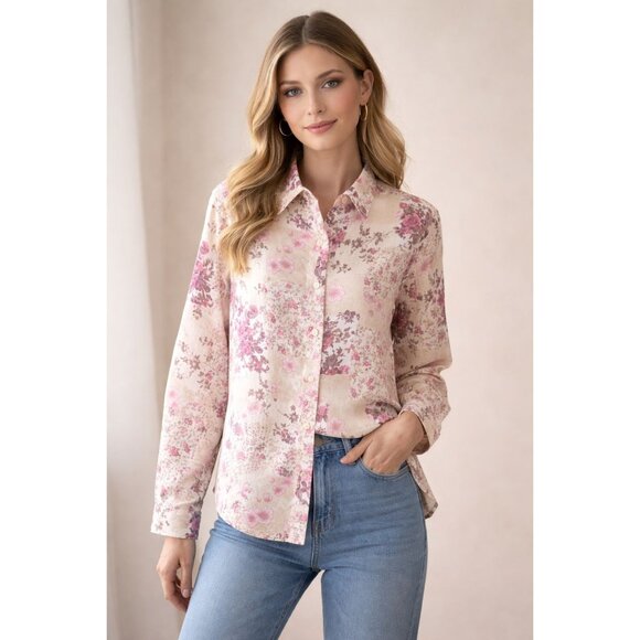 Lemon Grass Tops - Lemon Grass  lightweight polyester material floral long-sleeve button-down Sz L